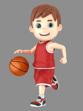 3d Illustration Of A Cute Kid Dribbling A Basketball In Uniform