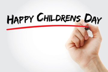 Hand writing Happy Childrens Day with marker, concept background