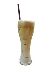 Glass of iced coffee latte with straw isolated on white backgrou