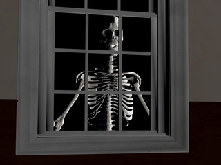 3d rendering illustration of a skeleton peering through a window
