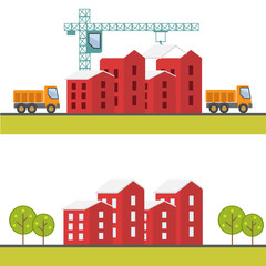 Fototapeta premium Construction web site, building a house - vector flat illustration