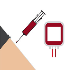 Vector illustration blood bag and syringe isolated on white. Donate blood concept.