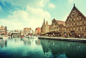 Leie river in Ghent town, Belgium