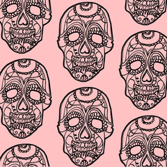 Seamless pink and black background with skullsSeamless pink and black background with skulls