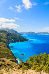 Blue sea and mountains on coast of Kefalonia island near Assos town, Greece