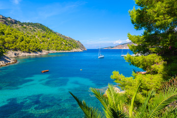 Fototapeta na wymiar View of beautiful sea bay and palm trees in Assos town, Kefalonia island, Greece