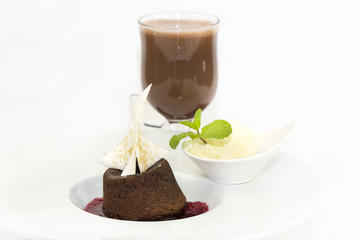 poppy seed dessert with ice cream on white background