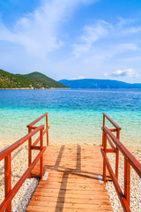 Wooden walkway to beautiful Antisamos beach on Kefalonia island, Greece