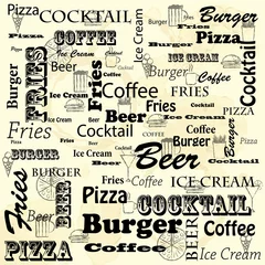Eine Reihe von Speisen für das Café, Restaurant und Fast Food auf Papier mit Flecken © angelmaxmixam