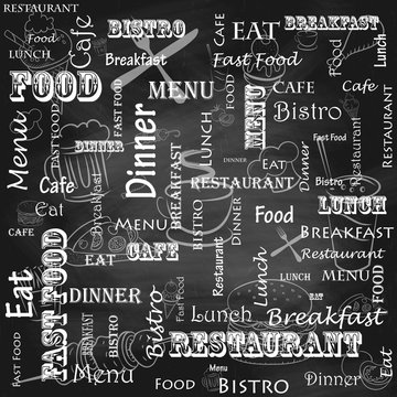 A set of food for the cafe, restaurant and fast food on the chalkboard.