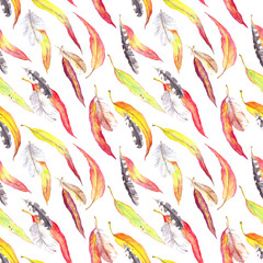 Colored leaves, feathers. Seamless autumn pattern. Watercolor - vintage style