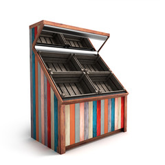 multicolored empty wooden vegetable shelving with boxes 3d rende