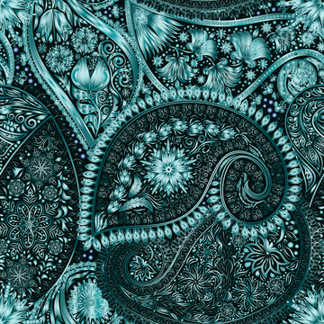 Paisley vintage floral motif ethnic seamless background. Abstract lace pattern. Ability to edit the colors, without losing seamlessly. Hand drawing colorful wallpaper. EPS-8 vector texture.