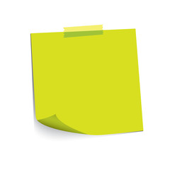 green paper note and adhesive tape with curled corner, ready for your message. Vector illustration. Isolated on white background. Front view. Top view. Close up.