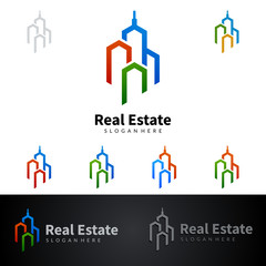 Simple real estate vector logo design, with colorful line and building shape represented unique and modern realty