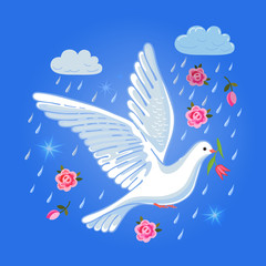 Soaring dove with flower in the clouds