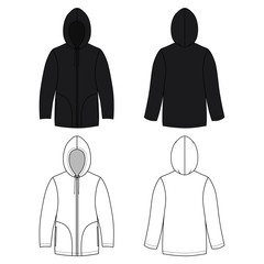 Unisex black leather hoodie (front & back outlined view)