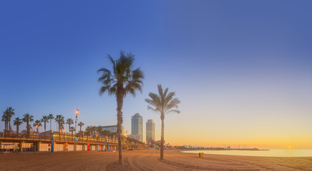 Barceloneta Beach in Barcelona at sunrise