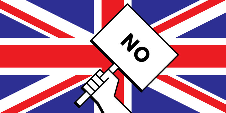 A cartoon hand is holding a no sign over the British union jack