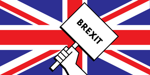 A cartoon hand is holding a brexit sign over the British union j