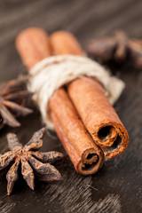 Cinnamon sticks and star anise on a wooden board. Selective focus.
