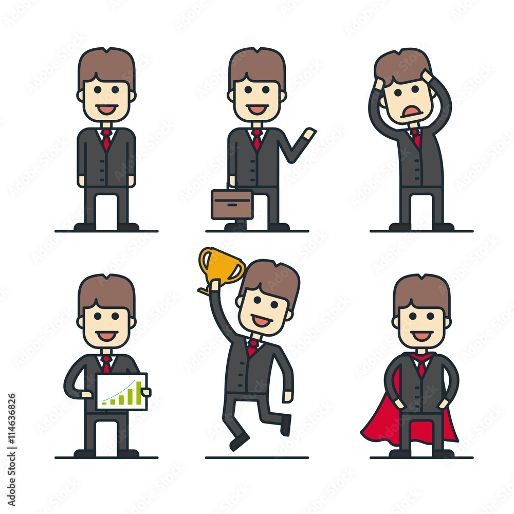 Poster set of businessman characters in different poses. flat line style.
