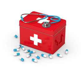 3d rendered first aid kit with pills and stethoscope