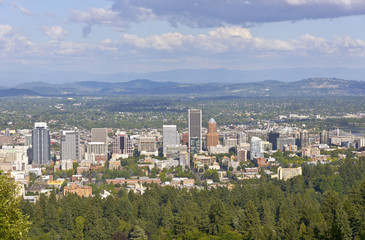 Portland Oregon skyline and surroundings.