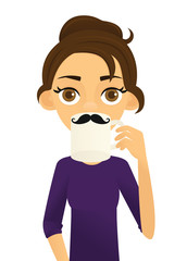 Young woman drinking out of a mug with a mustache on it
