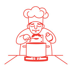 Vector illustration of a male chef standing at the gas stove with a big saucepan on it and tasting the soup. Red outline. Isolated on white. Square format.