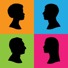 Four vector silhouettes of human head in profile. Two women and two men of various races and ethnicities. Black isolated silhouettes on color background.