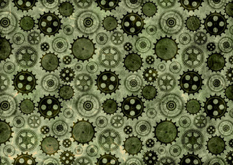 Hand drawn background with gear wheel.Abstract green grunge background with mechanism of watch. Texture with cracks, ambrosia, scratches, attrition.Series of Drawn Black and White Backgrounds.