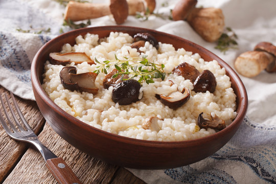 Italian rice with wild mushrooms close up on the table. Horizontal
