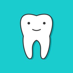 Happy tooth with face icon isolated on blue background. Health, medical or doctor and dentist children symbols. Oral care, dental icon clinic healthy white tooth in kids cartoon style.