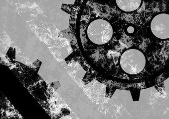 Hand drawn background with gear wheel. Abstract grunge background with mechanism of watch. Texture with cracks, ambrosia, scratches, attrition. Series of Drawn Grunge and Black and White Backgrounds.