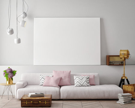 mock up blank poster on the wall of living room, 3D rendering, 3D illustration