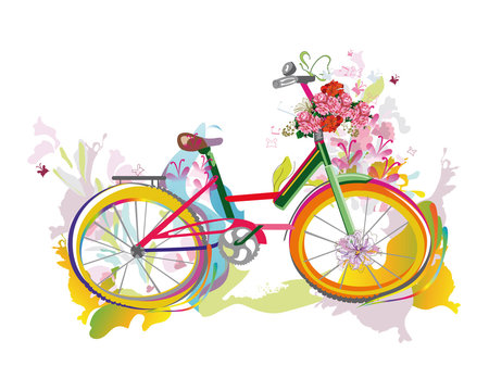 Bicycle with flowers, splashes, vector illustration.