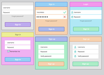 UI elements, 6 sets of login and sign up, newsletter and registration form, flat design