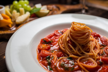 pasta seafood in tomato sauce with shrimp and tomatoes