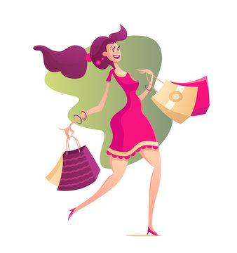 Illustration of happy female with shopping bags