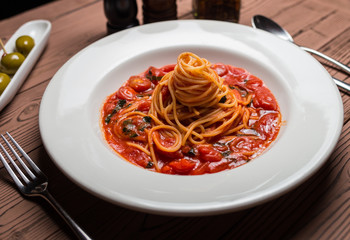 pasta seafood in tomato sauce with shrimp and tomatoes