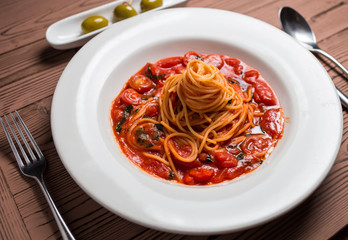 pasta seafood in tomato sauce with shrimp and tomatoes