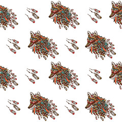 Wolf seamless pattern. Hand drawn vector illustration 