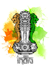 Lion capital of Ashoka in Indian flag color. Emblem of India. Watercolor texture backdrop.