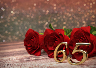 birthday concept with red roses on wooden desk. sixtyfifth. 65th. 3D render