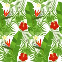 Fototapeta na wymiar seamless tropical leaves and flowers - palm, monstera, hibiscus and plumeria, strelitzia reginae