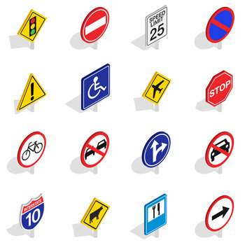 Road Sign Icons Set, Isometric 3d Style