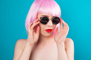 beautiful woman wearing pink wig