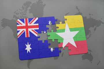 puzzle with the national flag of australia and myanmar on a world map background.