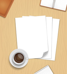 Vector Note Paper and a cup of coffee on wooden table